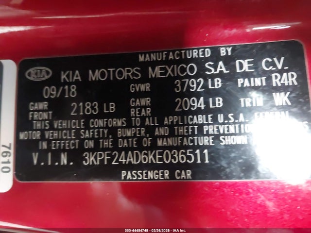 44454748 :رقم المزاد ، 3KPF24AD6KE036511 vin ، 2019 Kia Forte Lxs مزاد بيع