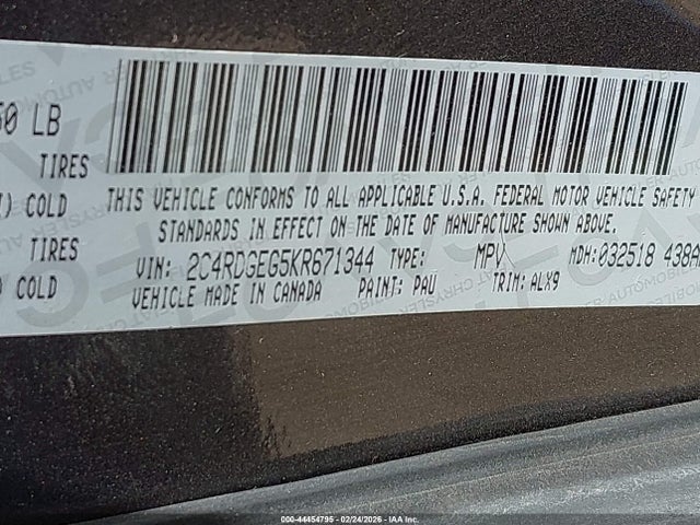 Продажа на аукционе авто 2019 Dodge Grand Caravan Gt, vin: 2C4RDGEG5KR671344, номер лота: 44454795