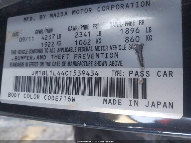 44454806 :رقم المزاد ، JM1BL1L44C1539434 vin ، 2012 Mazda Mazdaspeed3 Touring مزاد بيع