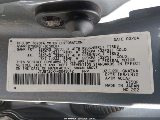 Auction sale of the 2004 Lexus Gx 470, vin: JTJBT20X440043042, lot number: 44454826