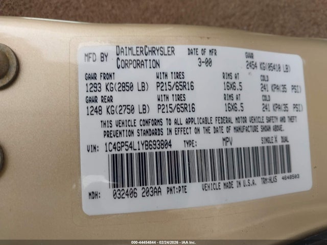 44454844 :رقم المزاد ، 1C4GP54L1YB693804 vin ، 2000 Chrysler Town & Country Lxi مزاد بيع