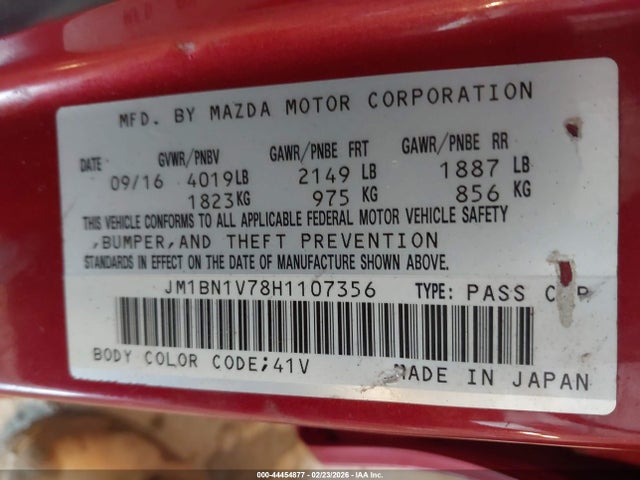 44454877 :رقم المزاد ، JM1BN1V78H1107356 vin ، 2017 Mazda Mazda3 Touring مزاد بيع