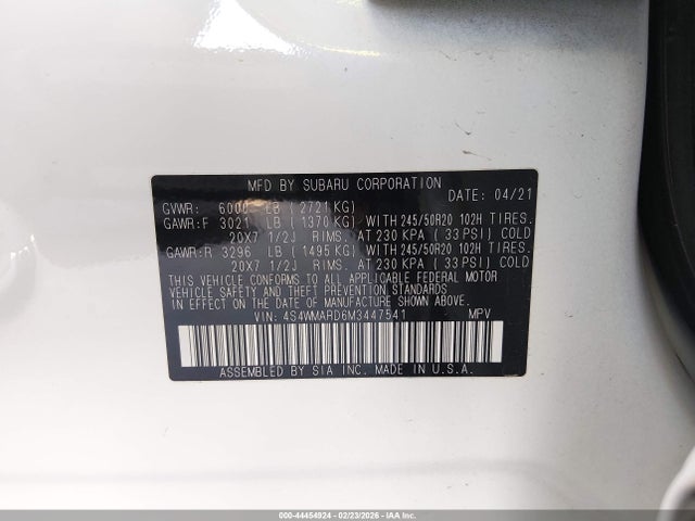Продаж на аукціоні авто 2021 Subaru Ascent Touring, vin: 4S4WMARD6M3447541, номер лоту: 44454924
