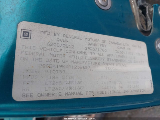 Продаж на аукціоні авто 1994 Chevrolet Gmt-400 K1500, vin: 2GCEK19KXR1252687, номер лоту: 44454928