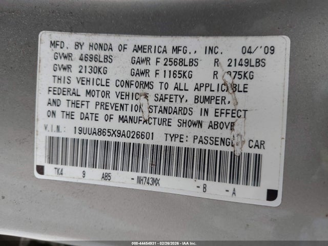 44454931 :رقم المزاد ، 19UUA865X9A026601 vin ، 2009 Acura Tl 3.5 مزاد بيع