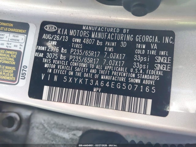 44454951 :رقم المزاد ، 5XYKT3A64EG507165 vin ، 2014 Kia Sorento Lx مزاد بيع