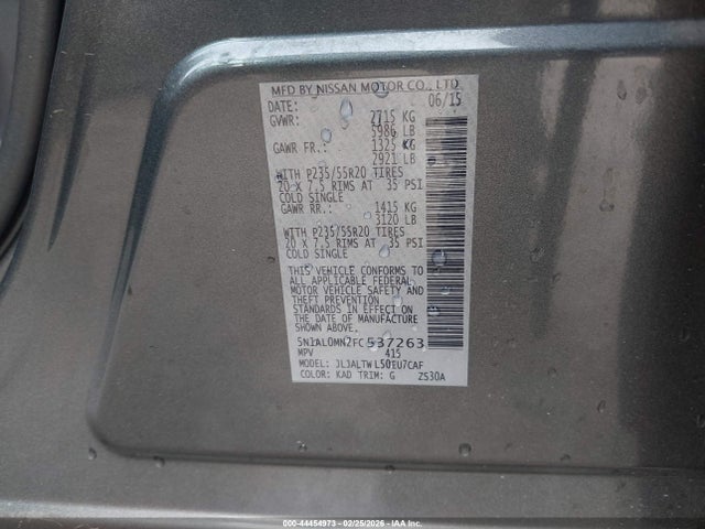 44454973 :رقم المزاد ، 5N1AL0MN2FC537263 vin ، 2015 Infiniti Qx60 مزاد بيع