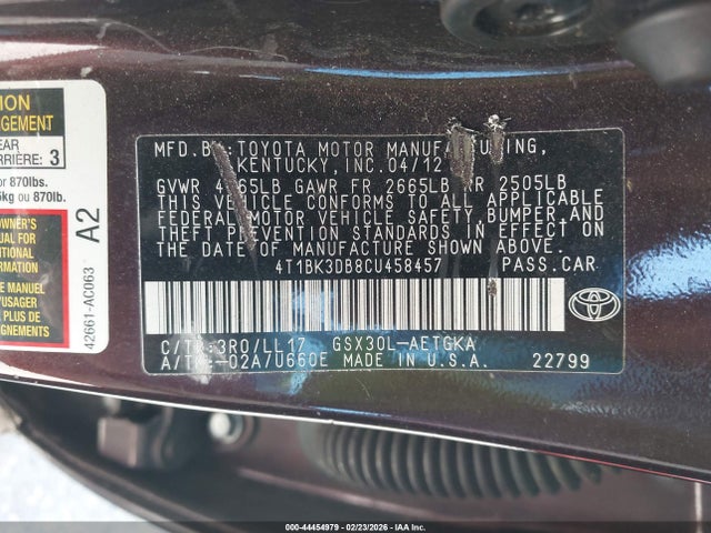 2012 TOYOTA AVALON 4T1BK3DB8CU458457 Photo 8