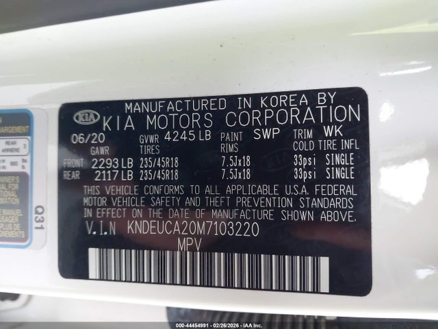 2021 Kia Seltos S Turbo მანქანა იყიდება აუქციონზე, vin: KNDEUCA20M7103220, აუქციონის ნომერი: 44454991