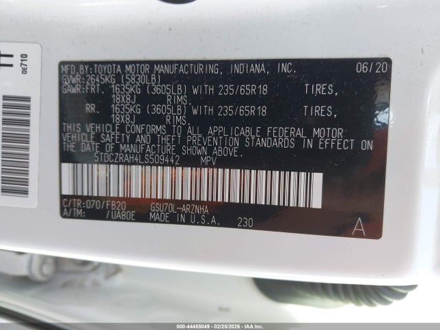 Toyota Highlander L 2020 5TDCZRAH4LS509442 Image 9