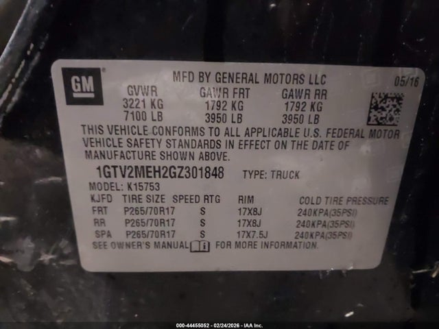 Aukcja sprzedaży 2016 Gmc Sierra 1500 Sle, vin: 1GTV2MEH2GZ301848, numer aukcji: 44455052