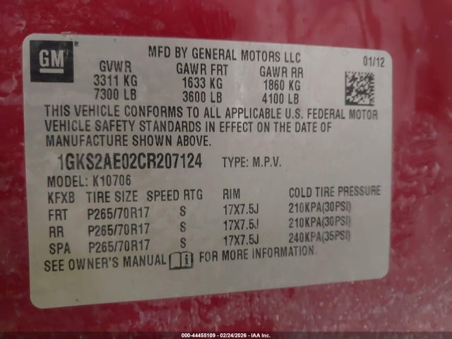 Aukcja sprzedaży 2012 Gmc Yukon Sle, vin: 1GKS2AE02CR207124, numer aukcji: 44455109
