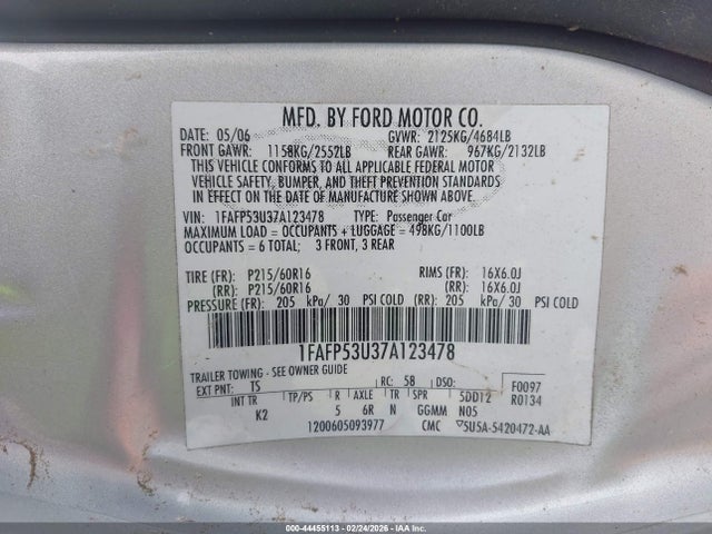 2007 FORD TAURUS 1FAFP53U37A123478 Photo 8