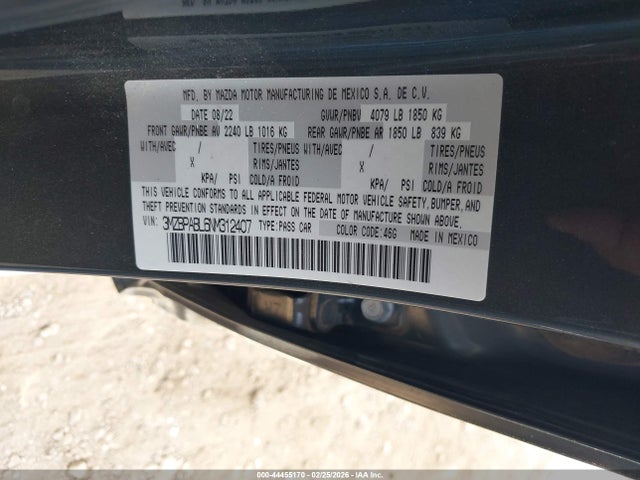 44455170 :رقم المزاد ، 3MZBPABL6NM312407 vin ، 2022 Mazda Mazda3 Select مزاد بيع