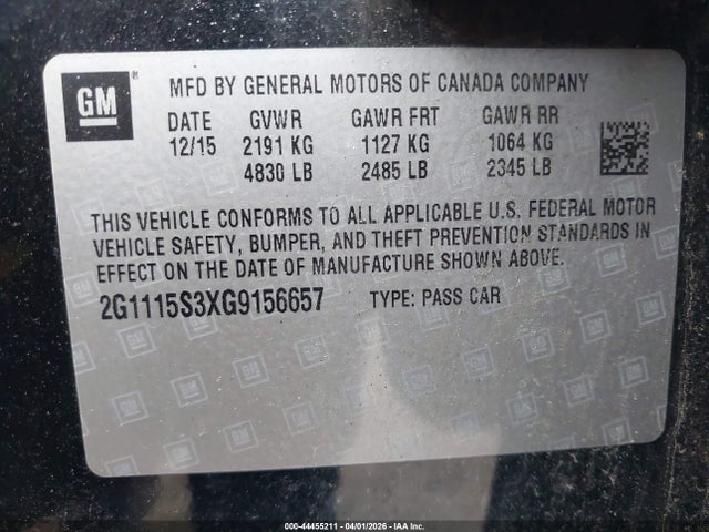 44455211 :رقم المزاد ، 2G1115S3XG9156657 vin ، 2016 Chevrolet Impala 2lt مزاد بيع