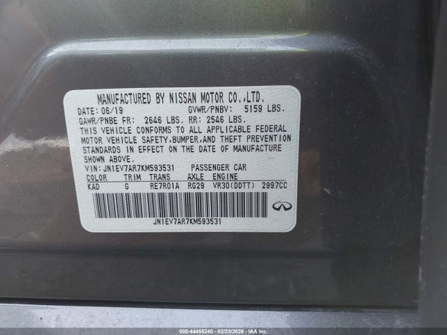 44455240 :رقم المزاد ، JN1EV7AR7KM593531 vin ، 2019 Infiniti Q50 3.0t Sport مزاد بيع