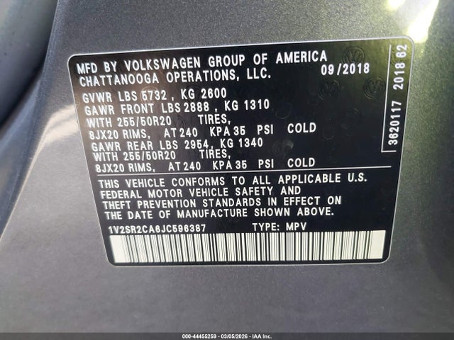 Продаж на аукціоні авто 2018 Volkswagen Atlas 3.6l V6 Sel, vin: 1V2SR2CA6JC596387, номер лоту: 44455259
