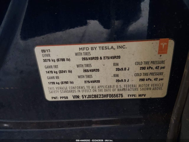 2017 Tesla Model X 100d/75d/90d მანქანა იყიდება აუქციონზე, vin: 5YJXCBE23HF065675, აუქციონის ნომერი: 44455282