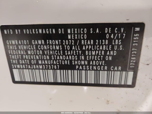 2017 Volkswagen Jetta 1.4t Se მანქანა იყიდება აუქციონზე, vin: 3VWB67AJ8HM373767, აუქციონის ნომერი: 44455304