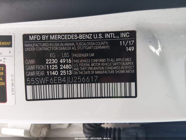Aukcja sprzedaży 2018 Mercedes-benz Amg C 43 4matic, vin: 55SWF6EB4JU256617, numer aukcji: 44455307