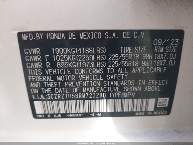 3CZRZ1H58RM723280 Honda Hr-v 2wd Sport/2wd Sport W/o Bsi