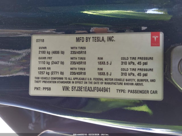 Продаж на аукціоні авто 2018 Tesla Model 3 Long Range/mid Range, vin: 5YJ3E1EA3JF044941, номер лоту: 44455316