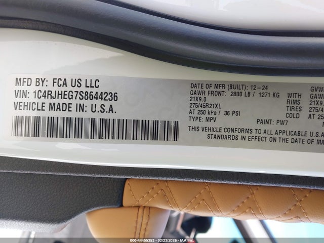 2025 Jeep Grand Cherokee Summit 4x4 მანქანა იყიდება აუქციონზე, vin: 1C4RJHEG7S8644236, აუქციონის ნომერი: 44455353