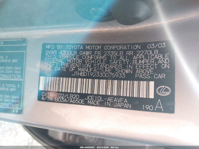 44455367 :رقم المزاد ، JTHBD192330075933 vin ، 2003 Lexus Is 300 مزاد بيع