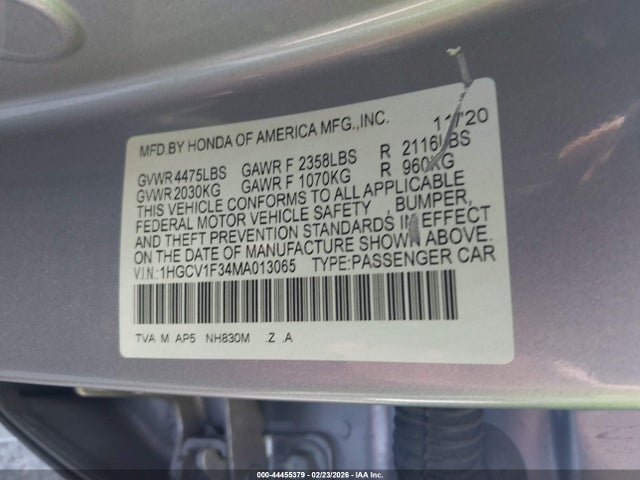 Продажа на аукционе авто 2021 Honda Accord Sport, vin: 1HGCV1F34MA013065, номер лота: 44455379