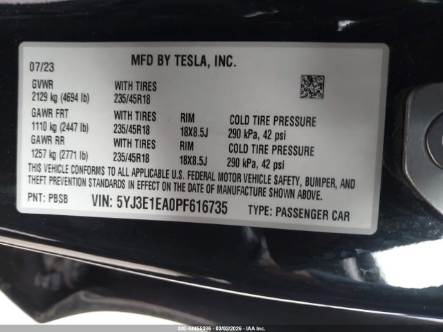 2023 Tesla Model 3 Rear-wheel Drive მანქანა იყიდება აუქციონზე, vin: 5YJ3E1EA0PF616735, აუქციონის ნომერი: 44455386