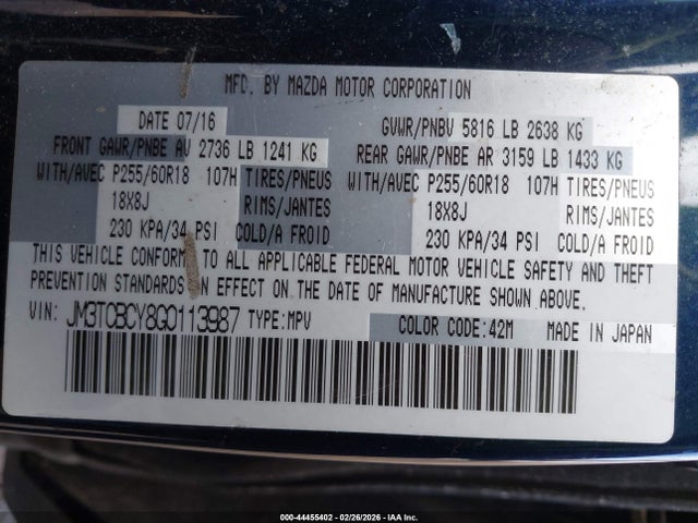 Aukcja sprzedaży 2016 Mazda Cx-9 Touring, vin: JM3TCBCY8G0113987, numer aukcji: 44455402