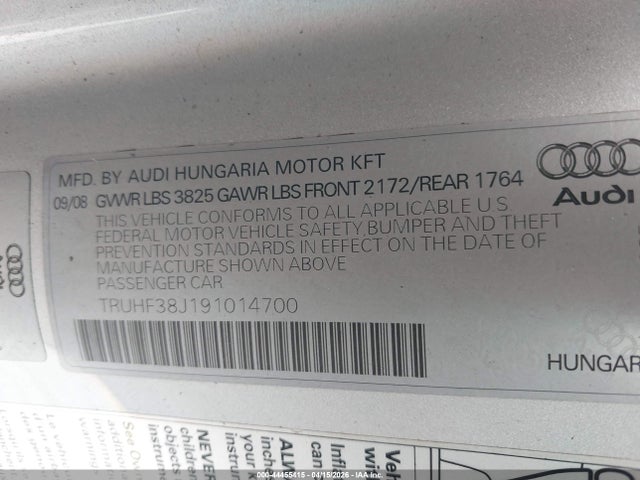 44455415 :رقم المزاد ، TRUHF38J191014700 vin ، 2009 Audi Tt 2.0t مزاد بيع
