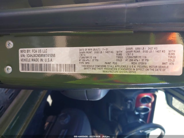 Aukcja sprzedaży 2021 Jeep Wrangler Rubicon 4x4, vin: 1C4HJXCN5MW741098, numer aukcji: 44455456