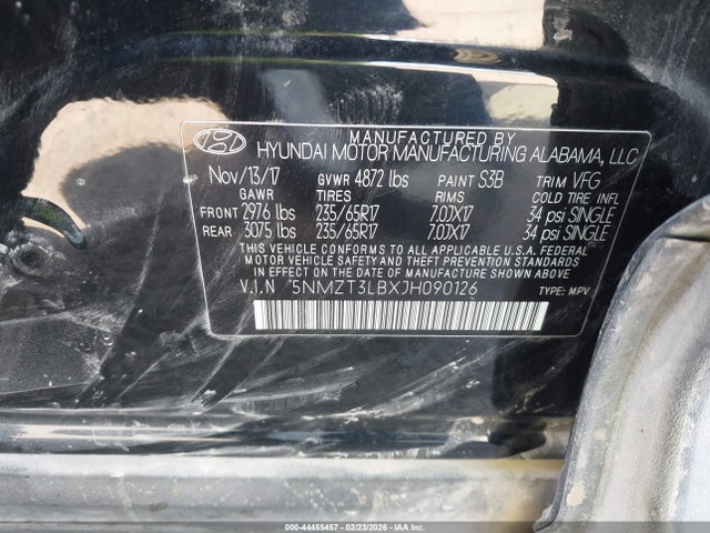 44455457 :رقم المزاد ، 5NMZT3LBXJH090126 vin ، 2018 Hyundai Santa Fe Sport 2.4l مزاد بيع