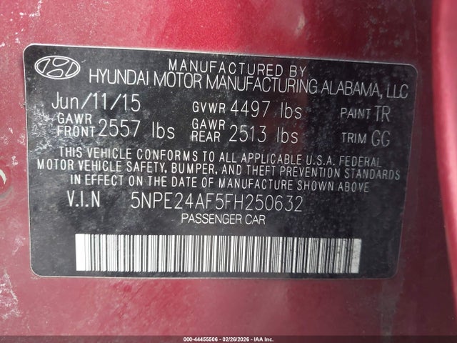 5NPE24AF5FH250632 Hyundai SONATA SE