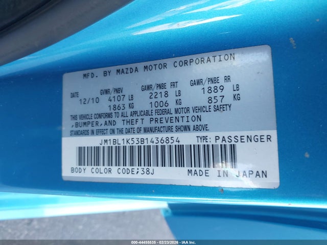 Aukcja sprzedaży 2011 Mazda Mazda3 S Sport, vin: JM1BL1K53B1436854, numer aukcji: 44455535
