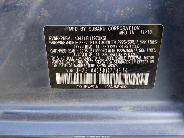 Aukcja sprzedaży 2019 Subaru Crosstrek 2.0i, vin: JF2GTAAC5KG273614, numer aukcji: 44455578