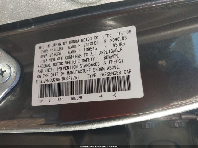 44455599 :رقم المزاد ، JH4CU26619C027761 vin ، 2009 Acura Tsx مزاد بيع