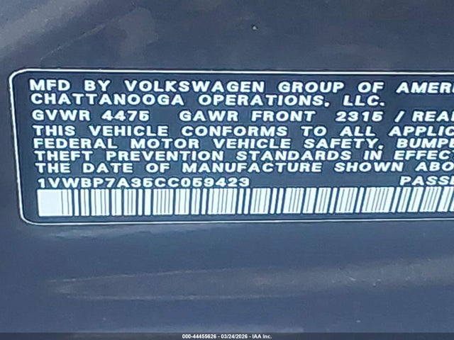 44455626 :رقم المزاد ، 1VWBP7A35CC059423 vin ، 2012 Volkswagen Passat 2.5l Se مزاد بيع