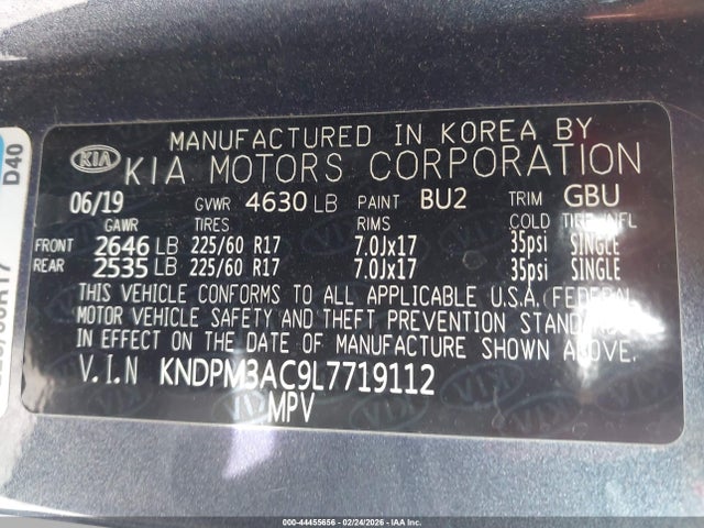 44455656 :رقم المزاد ، KNDPM3AC9L7719112 vin ، 2020 Kia Sportage Lx مزاد بيع