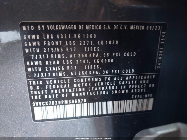 Aukcja sprzedaży 2023 Volkswagen Taos 1.5t S, vin: 3VVCX7B29PM366970, numer aukcji: 44455665