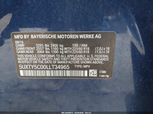 44455670 :رقم المزاد ، 5UXTY5C00LLT34965 vin ، 2020 Bmw X3 Xdrive30i مزاد بيع