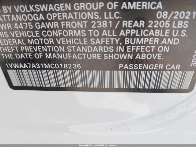 44455731 :رقم المزاد ، 1VWAA7A31MC018236 vin ، 2021 Volkswagen Passat 2.0t S مزاد بيع