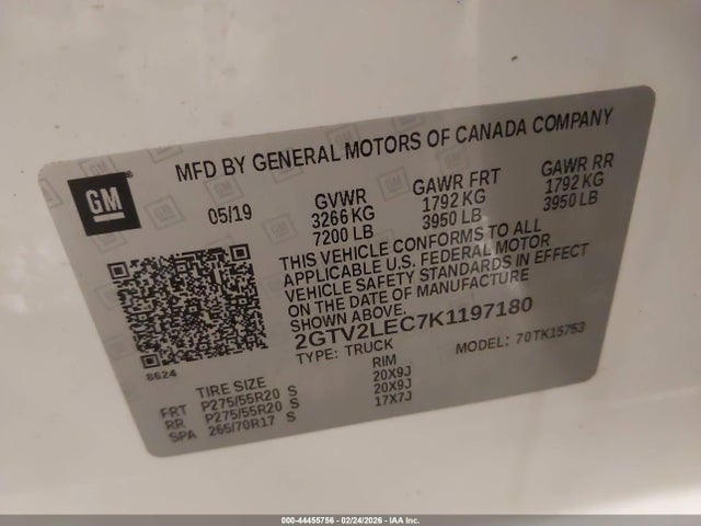 Aukcja sprzedaży 2019 Gmc Sierra 1500 Limited, vin: 2GTV2LEC7K1197180, numer aukcji: 44455756