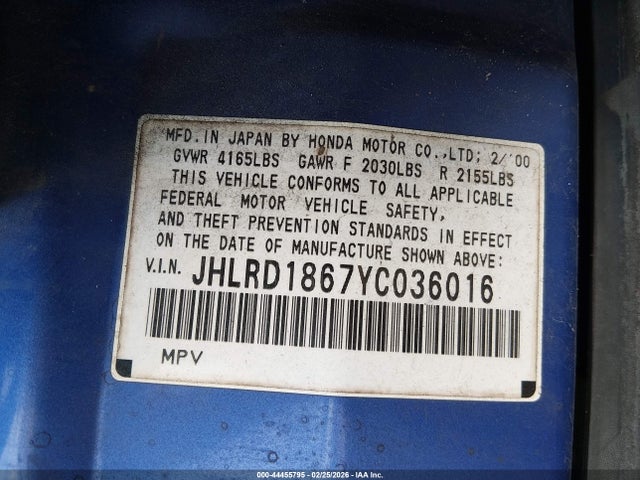 44455795 :رقم المزاد ، JHLRD1867YC036016 vin ، 2000 Honda Cr-v Ex مزاد بيع