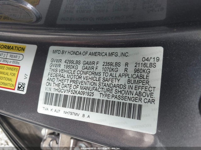 Honda Accord Ex-l 2019 1HGCV1F52KA091925 Image 9