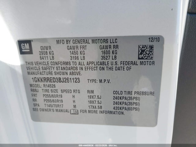 44455836 :رقم المزاد ، 1GKKRRED3BJ261123 vin ، 2011 Gmc Acadia Slt-1 مزاد بيع