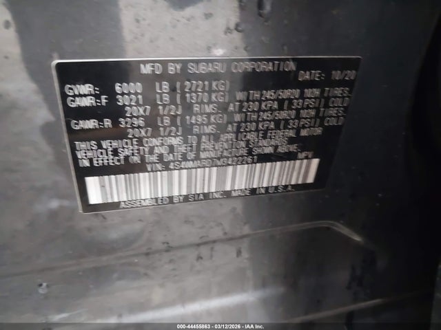 2021 Subaru Ascent Touring მანქანა იყიდება აუქციონზე, vin: 4S4WMARD7M3422261, აუქციონის ნომერი: 44455863