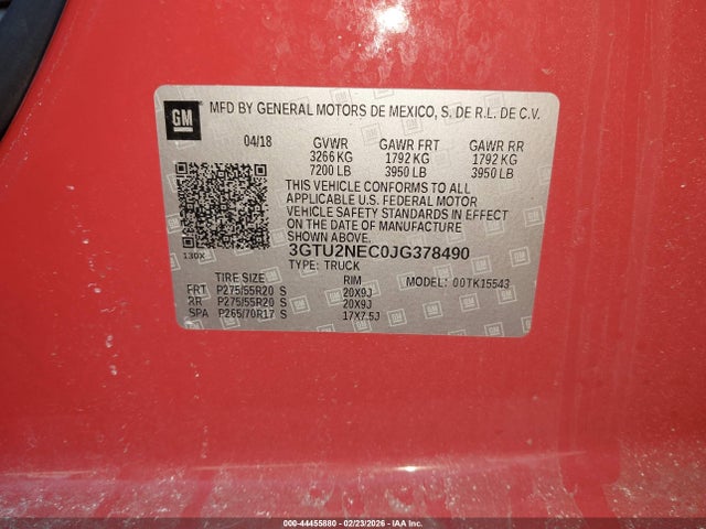 Продажа на аукционе авто 2018 Gmc Sierra 1500 Slt, vin: 3GTU2NEC0JG378490, номер лота: 44455880