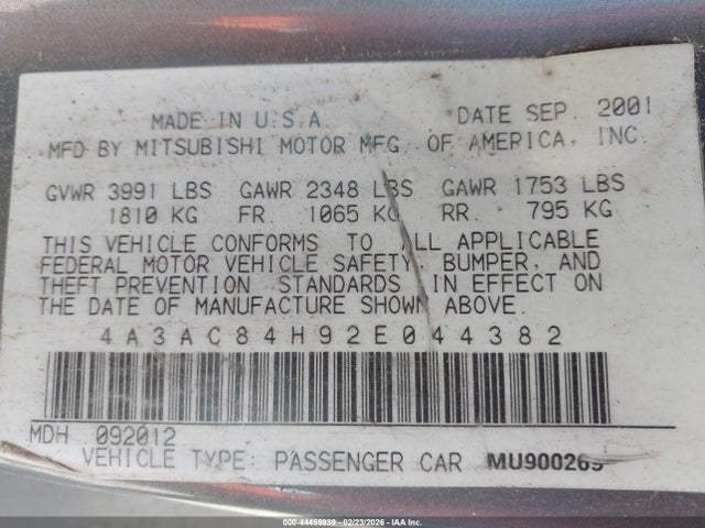 2002 MITSUBISHI ECLIPSE 4A3AC84H92E044382 Photo 8